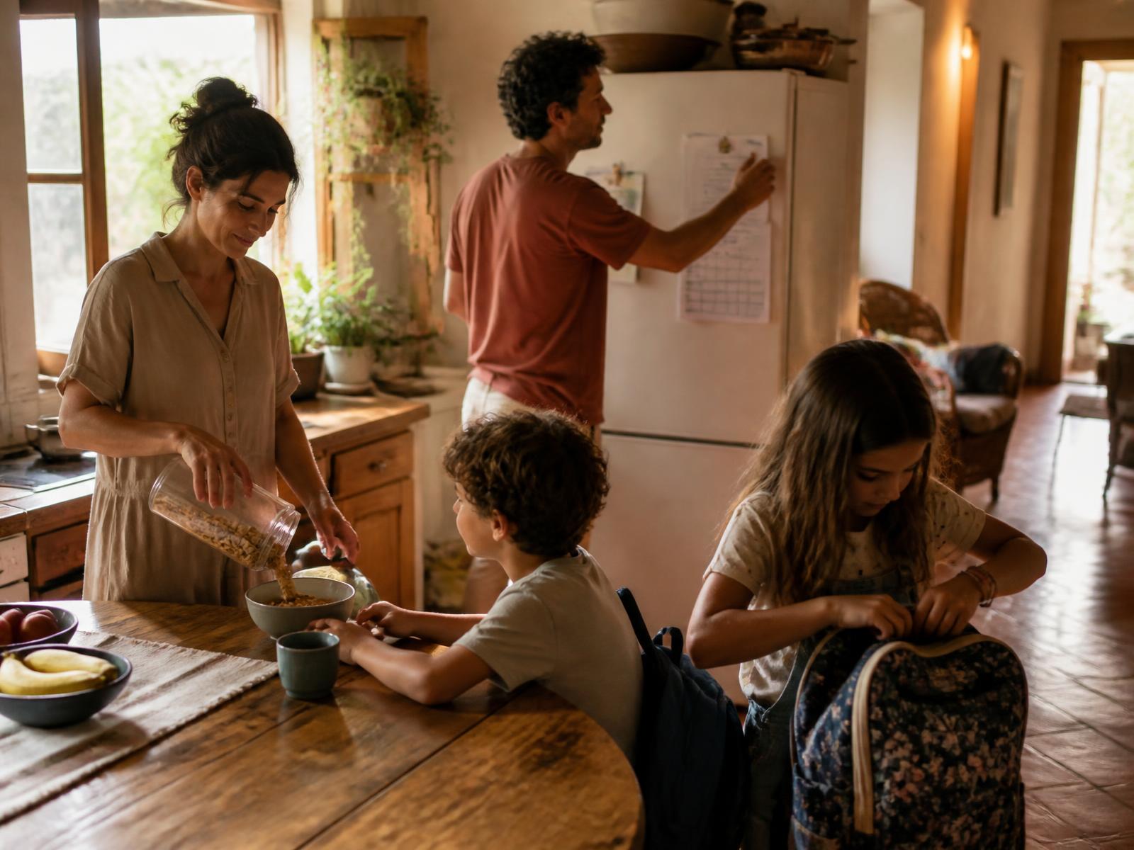 A family getting ready together in a sunlit kitchen on a weekday morning